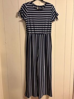 Navy and White Striped One-Piece Jumpsuit
